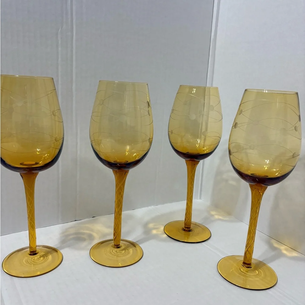 Vintage MCM Eisch Pirouette Amber Glasses, Air Twist Space Age Orbital Pattern 4